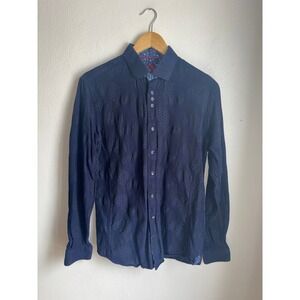 Au Noir Mens Navy Blue Textured Button Down Shirt Contrast Trim Size 3 Medium